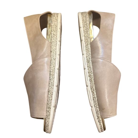 Women 39 8.5 Saydo Sandals Flats Shoes Camel Brown Leather Peep Toe Slide On - Picture 7 of 9